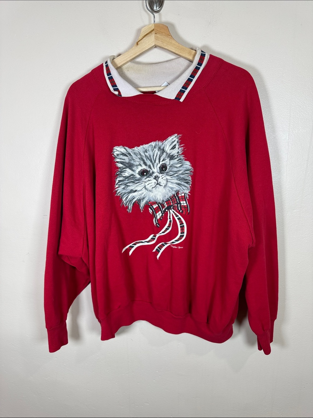 VTG Christmas Crewneck Sweatshirt Cat Graphic Plaid Holiday Bow Red